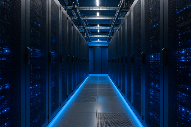 Interior de um data center moderno com fileiras de servidores iluminadas em azul