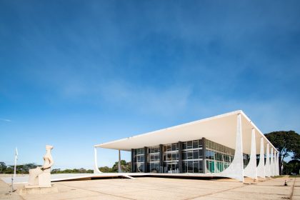 Edifício do Supremo Tribunal Federal, em Brasília, sob céu azul.